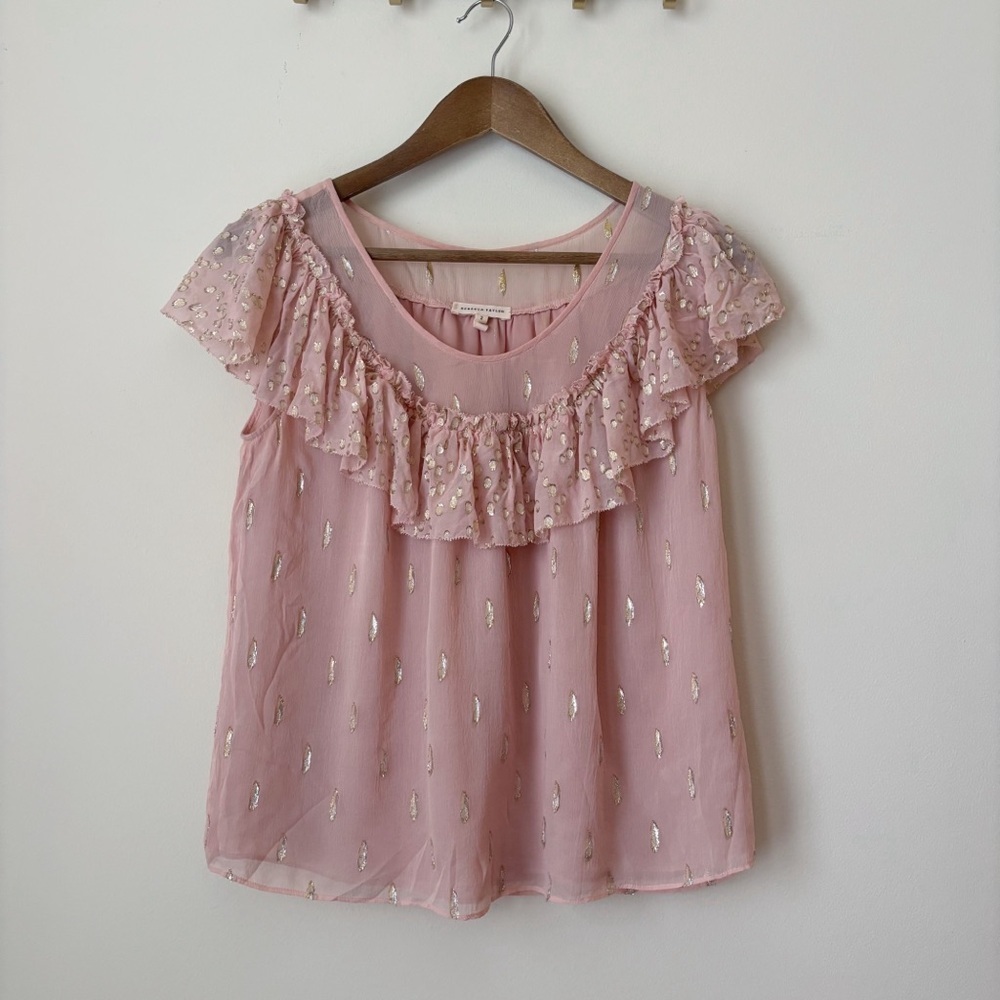 Rebecca Taylor Pink Gold Metallic Silk Ruffle Blouse Sz 2 Coquette